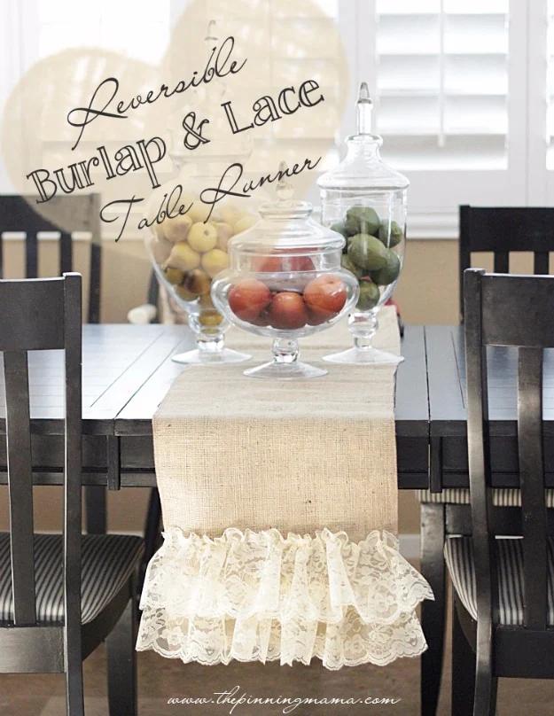 Easy DIY Reversible Burlap And Lace Table Runner, a look that gets noticed the moment guests walk in