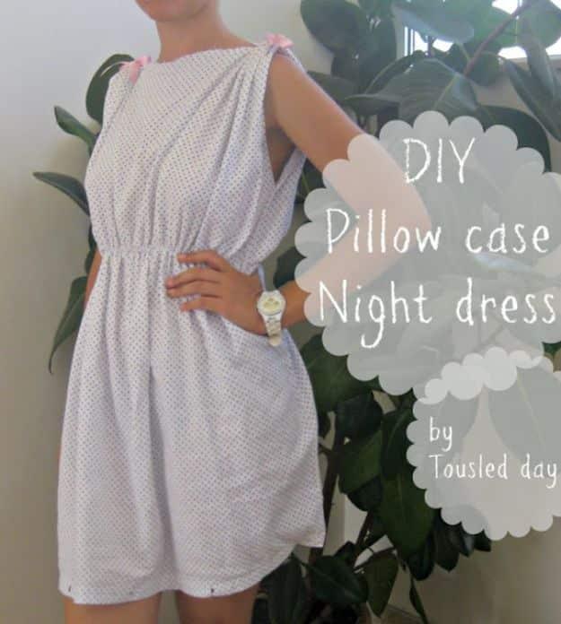 Typeset graphic reading DIY Pillow case Night dress by Tousled day over a woman in a sheer gathered nightie
