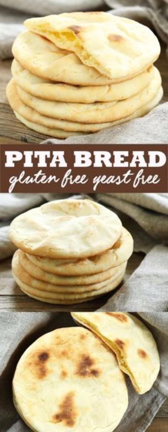 Three panel pin graphic of stacked gluten free pita breads with blistered spots and one split open to show the pocket