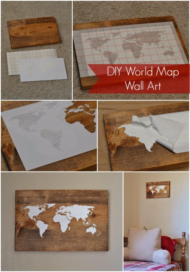 DIY Wall Art Ideas for the Bedroom - DIY World Map Wall Art - Rustic Decorating Projects For Bedroom, Brilliant Wall Art Projects, Creative Wall Art, Do It Yourself Crafts, Easy Wa