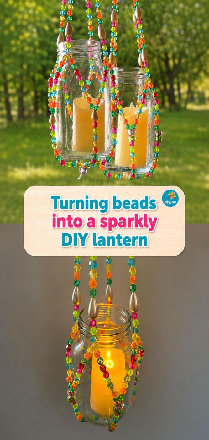 A tall DIY lantern and plant hanger made of beads, shown full length from the wooden ring down to the knotted base