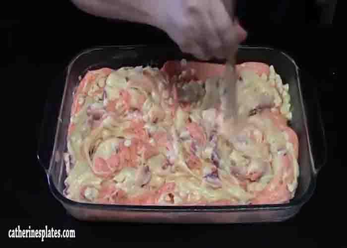 Swirling the strawberry earthquake cake