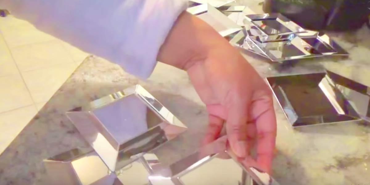 She Stacks And Glues Dollar Store Items In A Diagonal Design. When She’s Finished You’ll Be Shocked By What She Used!
