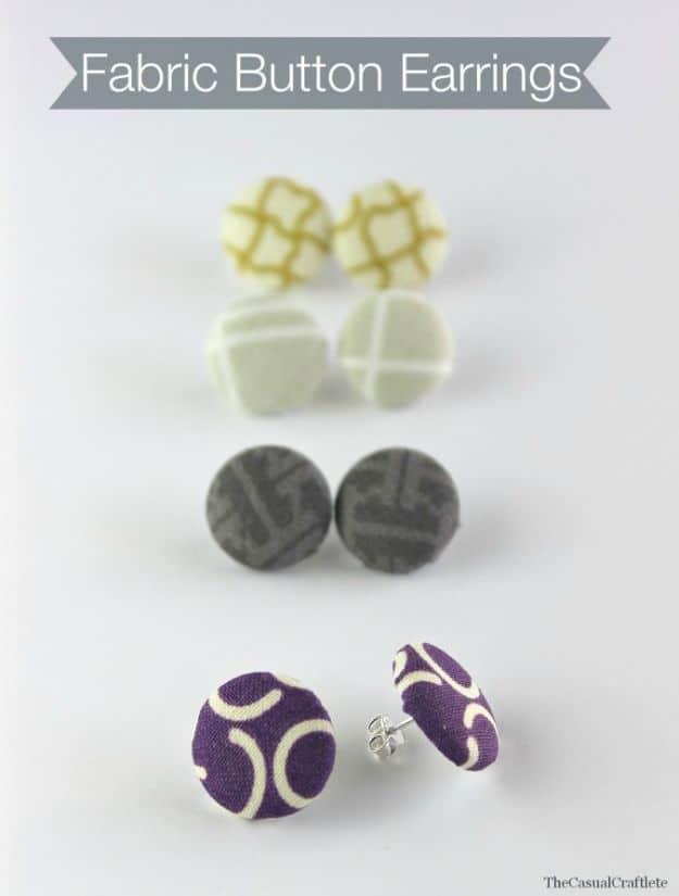 Fabric button earrings, four pairs of covered button studs in gold, gray and purple geometric prints on white