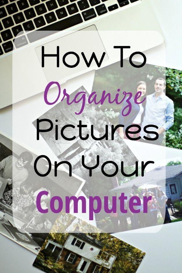 Laptop keyboard and scattered printed photographs beneath the words how to organize pictures on your computer