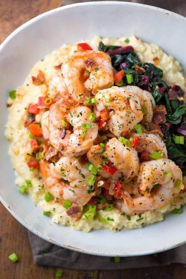 Cauliflower Grits with Spicy Shrimp, easy to scale up for a bigger gathering and satisfaction without the heavy aftermath