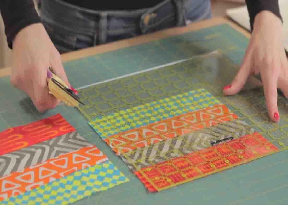 Cutting the coin quilt strip set into blocks