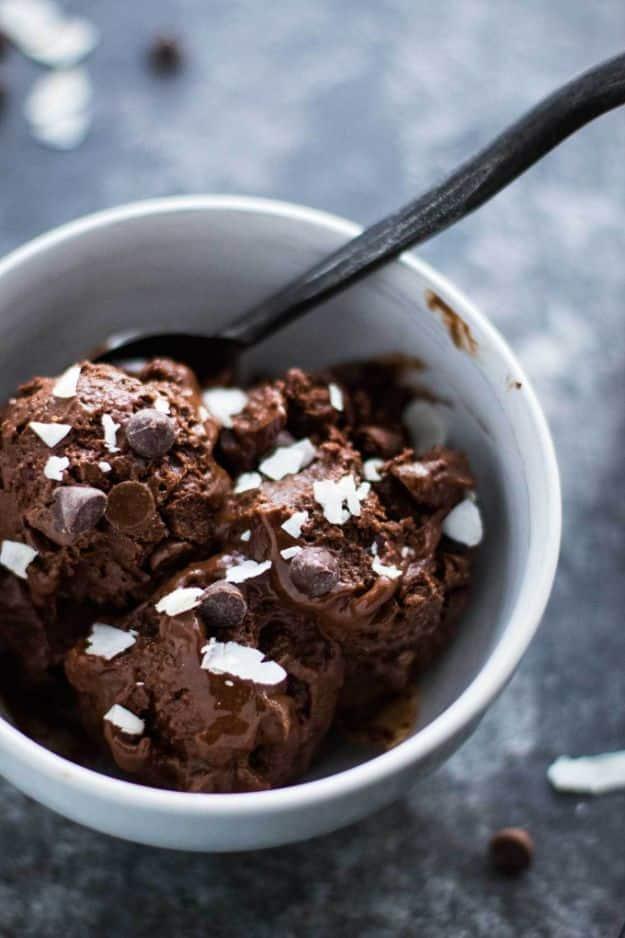 Chocolate banana nice cream scooped into a bowl, a dairy free frozen dessert made from frozen bananas