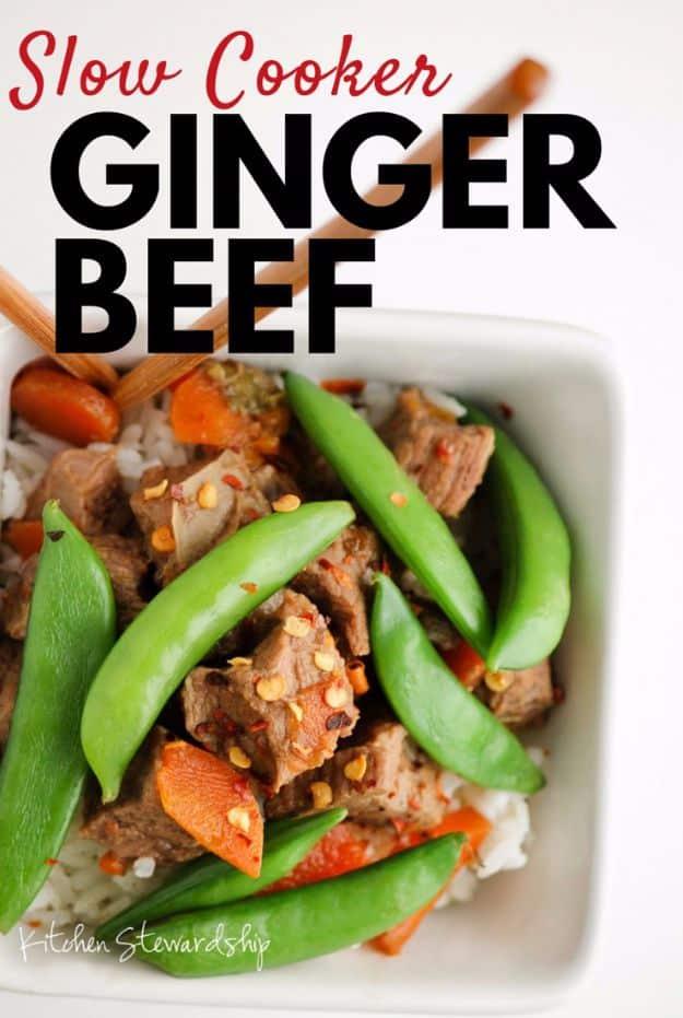 Slow cooker ginger beef with carrots, peppers and sugar snap peas over rice, a healthy crockpot dinner