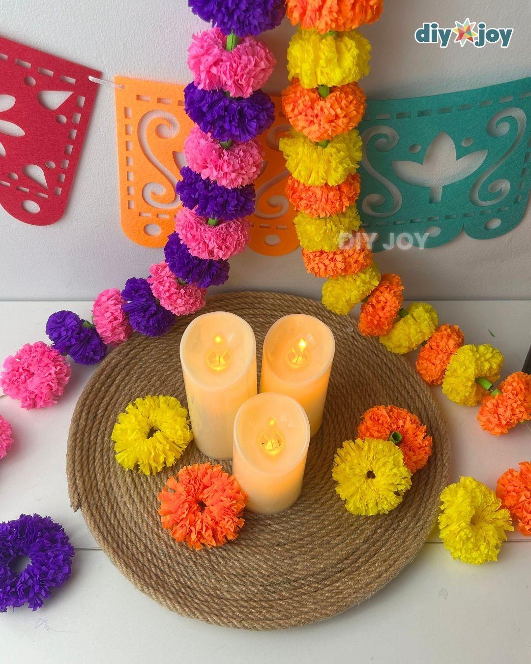 Marigold Garland Using Crepe Paper Streamers - marigold crepe paper for diwali
