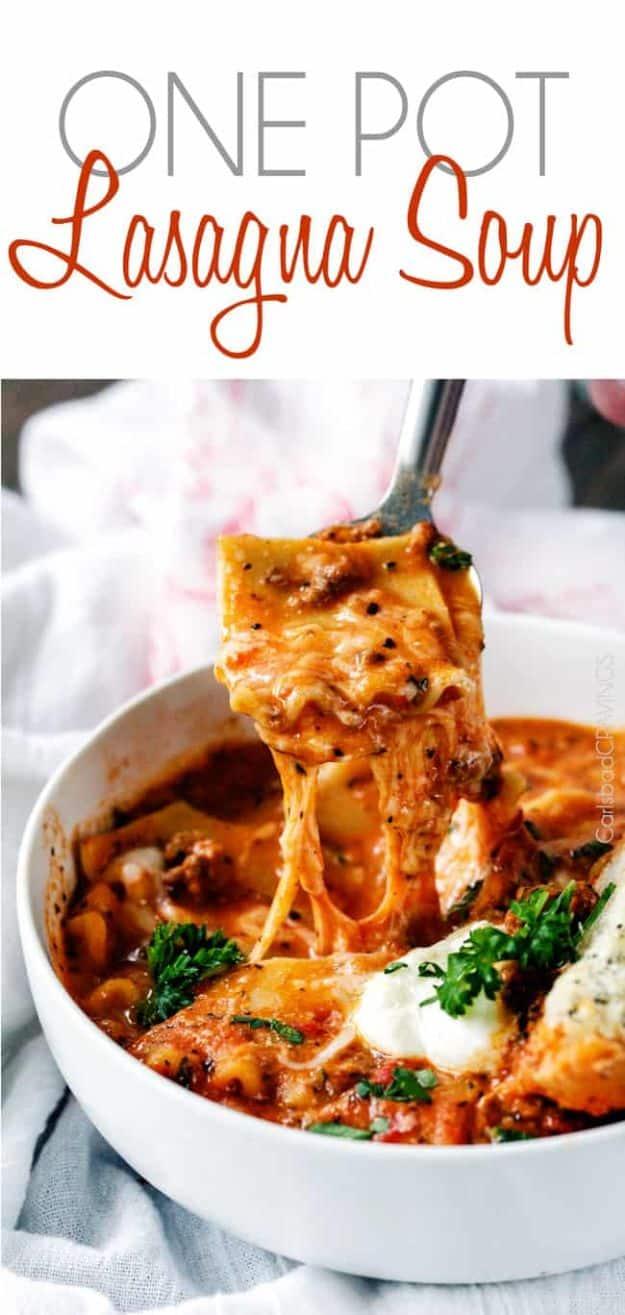 One pot lasagna soup with broken lasagna noodles, ground beef and spoonfuls of ricotta and mozzarella
