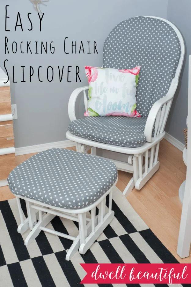 Easy rocking chair slipcover graphic showing a white rocker with grey and white patterned cushion covers