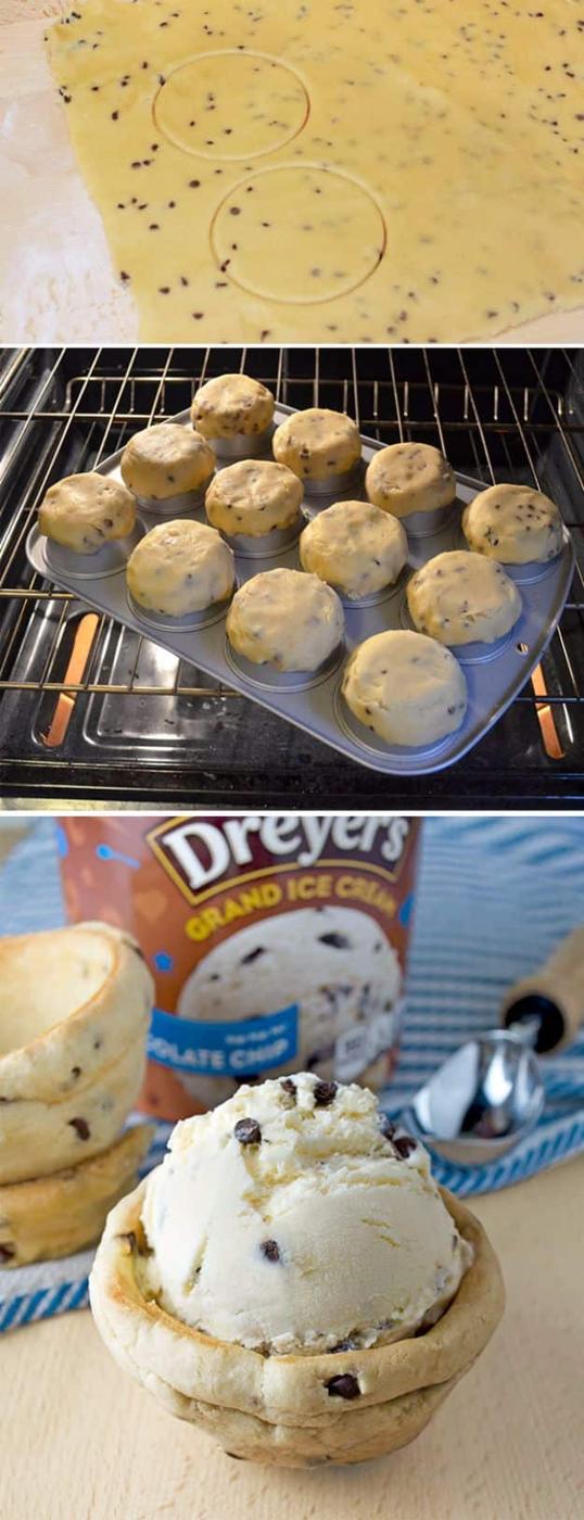Three photos of cookie dough circles, dough moulded over a muffin tin and a finished cookie bowl of ice cream