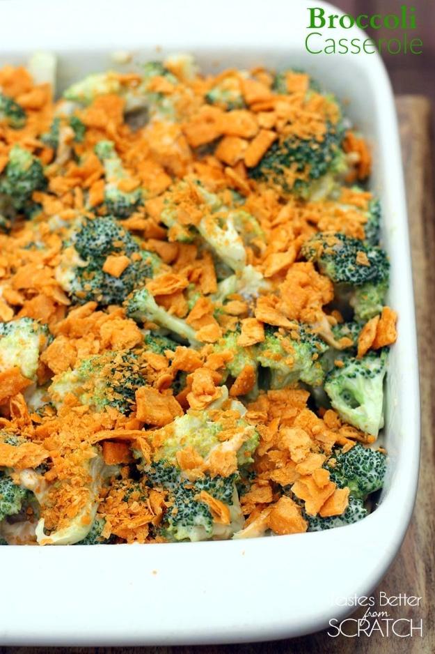 Broccoli casserole topped with crushed cheese crackers, baked golden and bubbling in a casserole dish