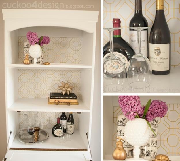 DIY bamboo graphic pattern, a white cabinet with a gold trellis patterned back panel holding wine glasses and flowers