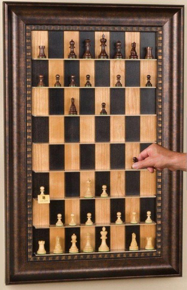 DIY Media Room Ideas - Vertical Wall-Mounted Chessboard - Do It Yourslef TV Consoles, Wall Art, Sofas and Seating, Chairs, TV Stands, Remote Holders and Shelving Tutorials - Creati