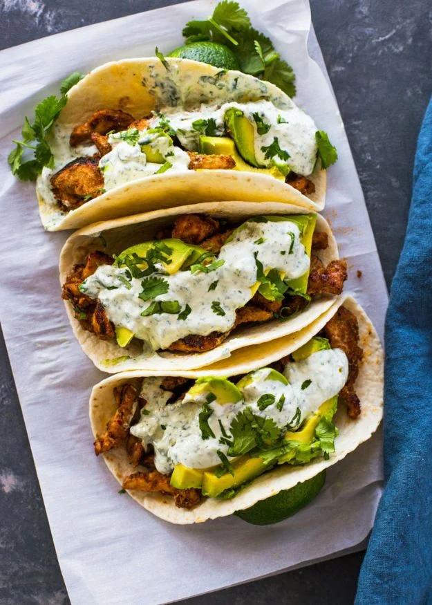 Best Mexican Food Recipes - Chicken And Avocado Tacos With Creamy Cilantro Sauce - Authentic Mexican Foods and Recipe Ideas for Casseroles, Quesadillas, Tacos, Appetizers, Tamales,