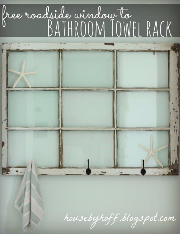 Repurposed Window Bathroom Towel Rack, easy enough for a first try at home and a favorite pick from this roundup