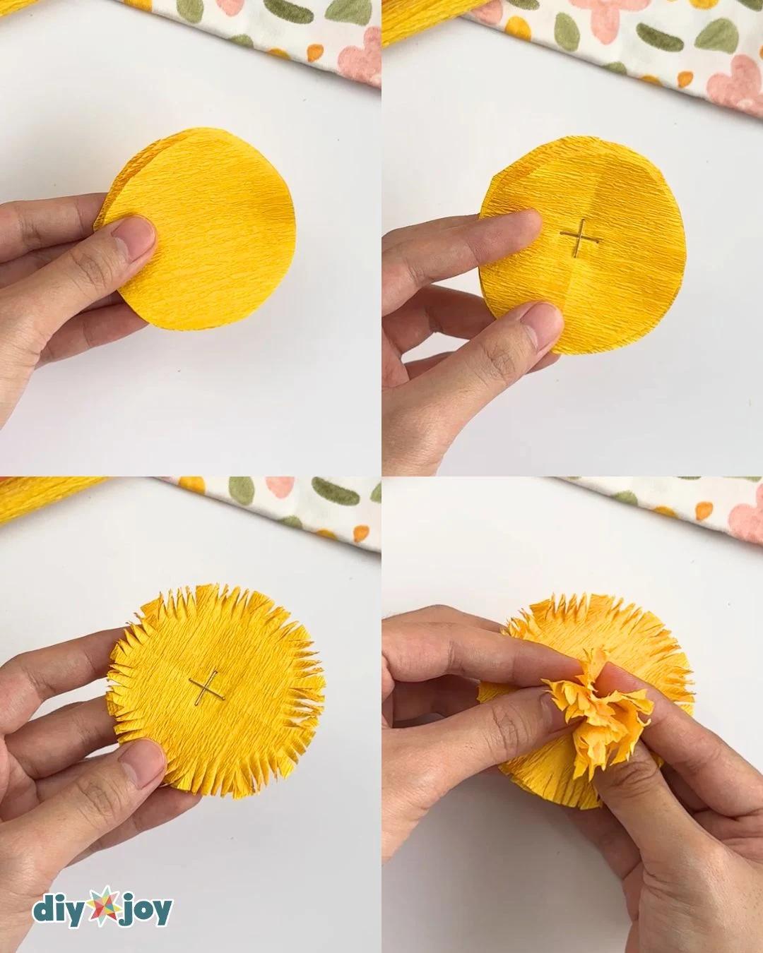 DIY Paper Flowers - stacking and fringing crepe paper circles to start a marigold