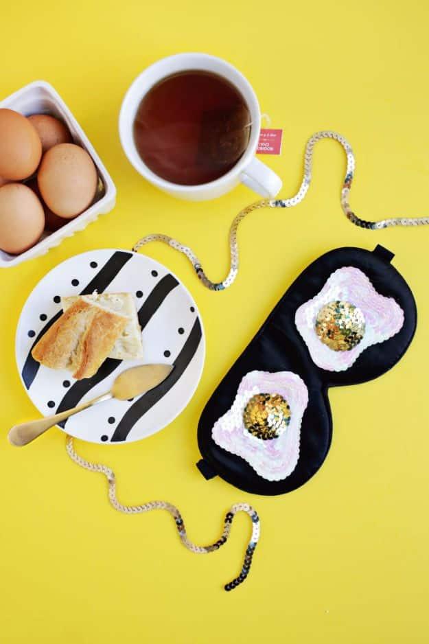 Sequin Fried Egg Sleep Mask DIY, a playful accessory that beats anything from a store and a favorite pick from this roundup