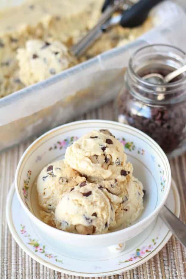 Chocolate chip cookie dough ice cream packed with dough chunks and mini chips, a no churn frozen dessert