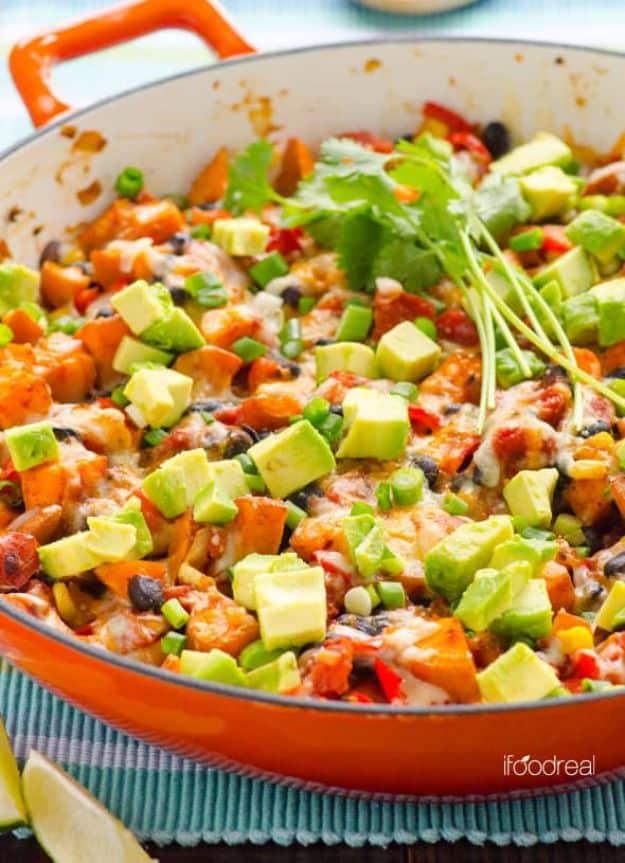 Sweet Potato Recipes - Sweet Potato Skillet Tex Mex Style - Easy Recipe Ideas for Sweet Potatoes in the Crockpot, Casserole Dishes, Baked, Mashed, Candied and Roastedd - Healthy Ve