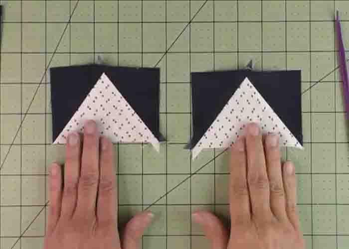 Making the flying geese units for the diamond ring quilt