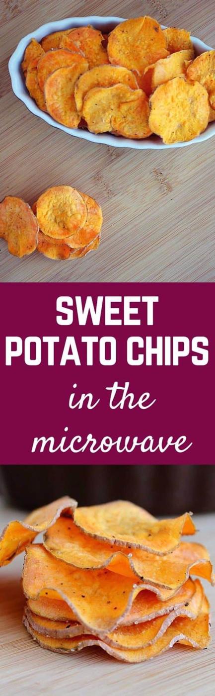 Homemade sweet potato chips crisped in the microwave, an easy healthy five minute snack recipe with sea salt