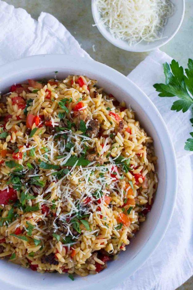Orzo with Italian sausage and roasted red peppers, tossed with chopped tomatoes, parsley and parmesan