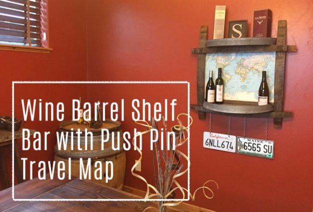 Wine barrel shelf side bar with a push pin travel map framed in oak staves, wine bottles above and license plates below