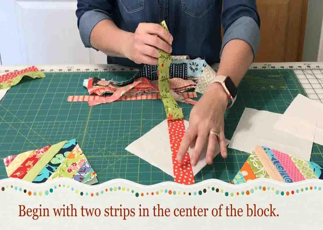 Sewing the strips to the foundation piece
