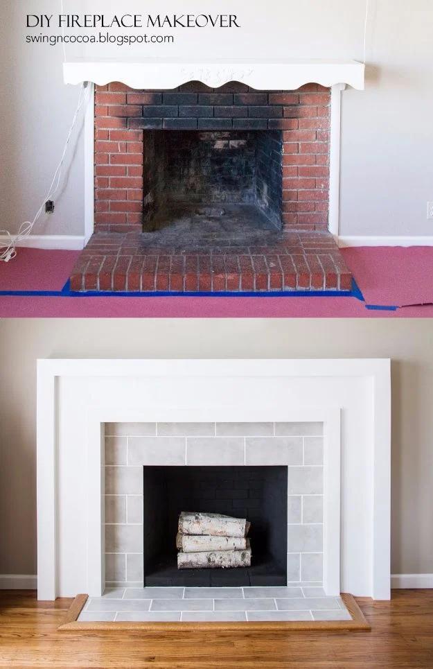 Titled DIY Fireplace Makeover, a red brick fireplace above the same one rebuilt with a white mantel and tile face