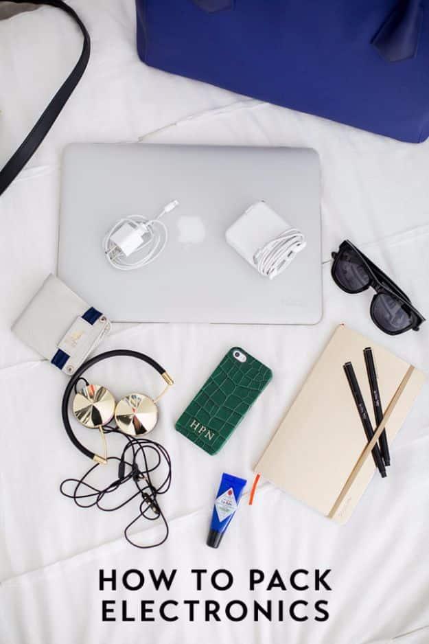Packing Tips for Travel - Pack Electronics - Easy Ideas for Packing a Suitcase To Maximize Space - Tricks and Hacks for Folding Clothes, Storing Toiletries, Shampoo and Makeup - Ke