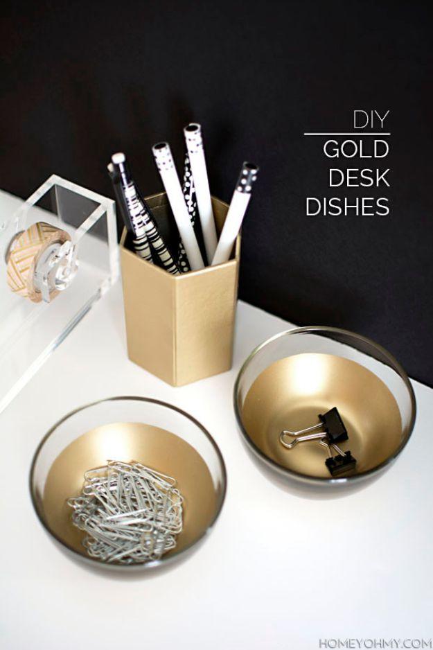Organizing Ideas for Your Life - DIY Gold Desk Dishes - Easy Crafts and Cool Ideas for Getting Organized - Best Ways to Get Organized - Things to Make for Being More Efficient and