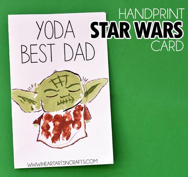 Handprint Yoda card graphic, a brown handprint as Yoda's robe under a painted green head, on a green background