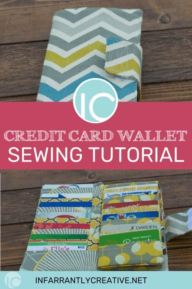 Credit card wallet, a teal and yellow chevron card wallet above rows of printed fabric pockets filled with cards