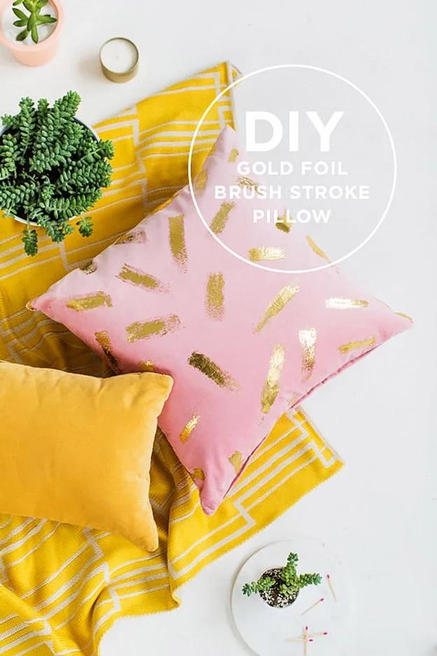 DIY Gold Foil Brush Stroke Pillow, doable in a single sitting with basic tools and a keepsake worth handing down