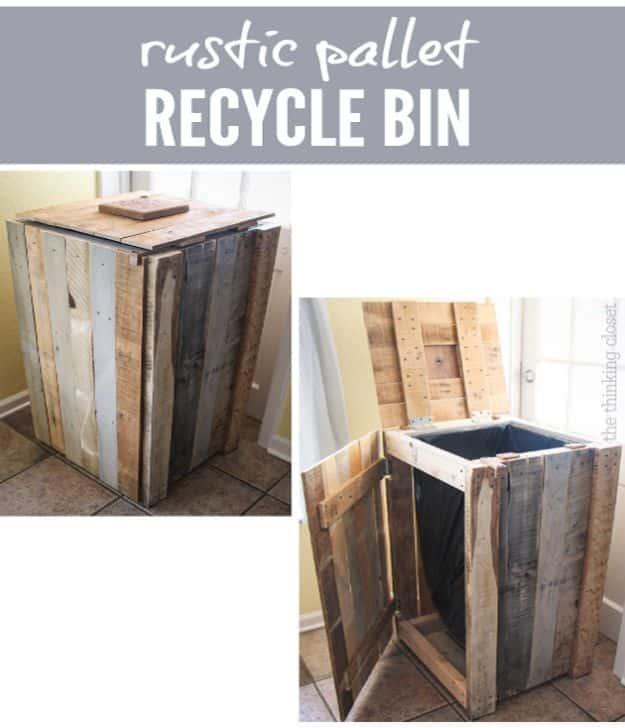 Two panel view of a rustic pallet wood recycle bin, closed with its lid on and open showing the bag inside