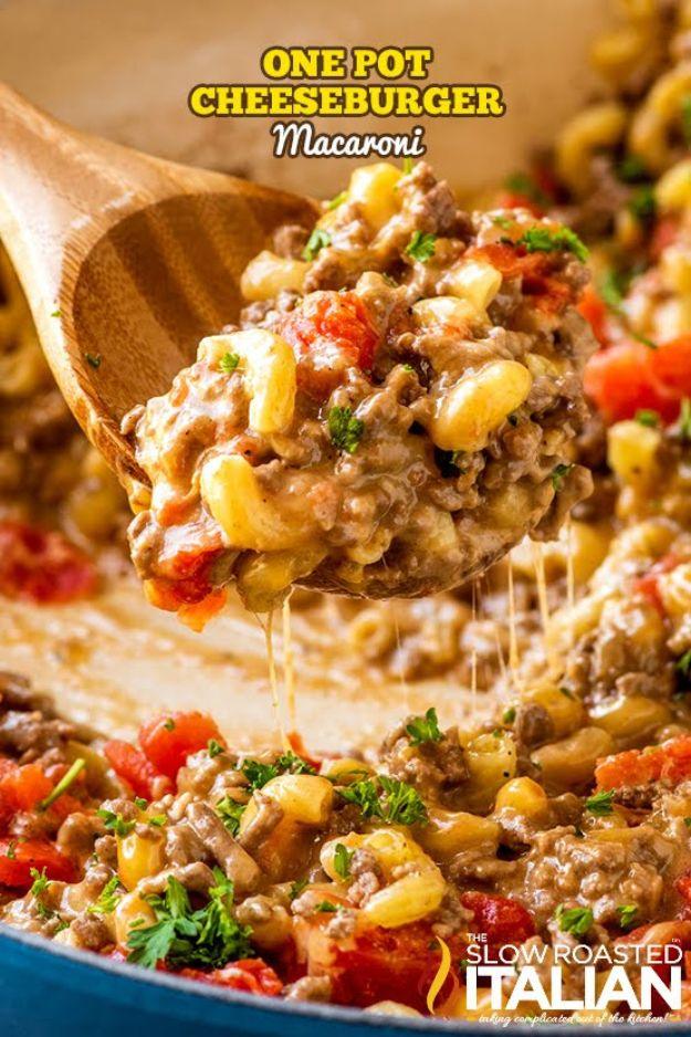 One pot cheeseburger macaroni with elbow pasta, ground beef and melted cheddar cooked in a single skillet