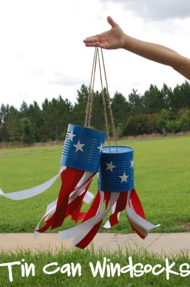 Rustic DIY Ideas With the American Flag | Patriotic Flag Country Crafts and DIY Projects for the Home and Backyard | Patriotic Tin Can DIY Windsocks