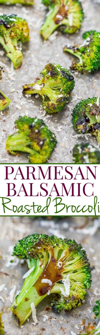 Parmesan balsamic roasted broccoli spaced in a single layer on a metal sheet pan, glazed dark and dusted with parmesan