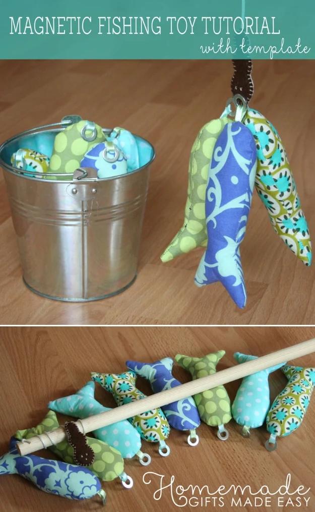 Sewing projects for boys magnetic fishing toy with stuffed fabric fish in green and blue prints, a metal pail and a dowel rod