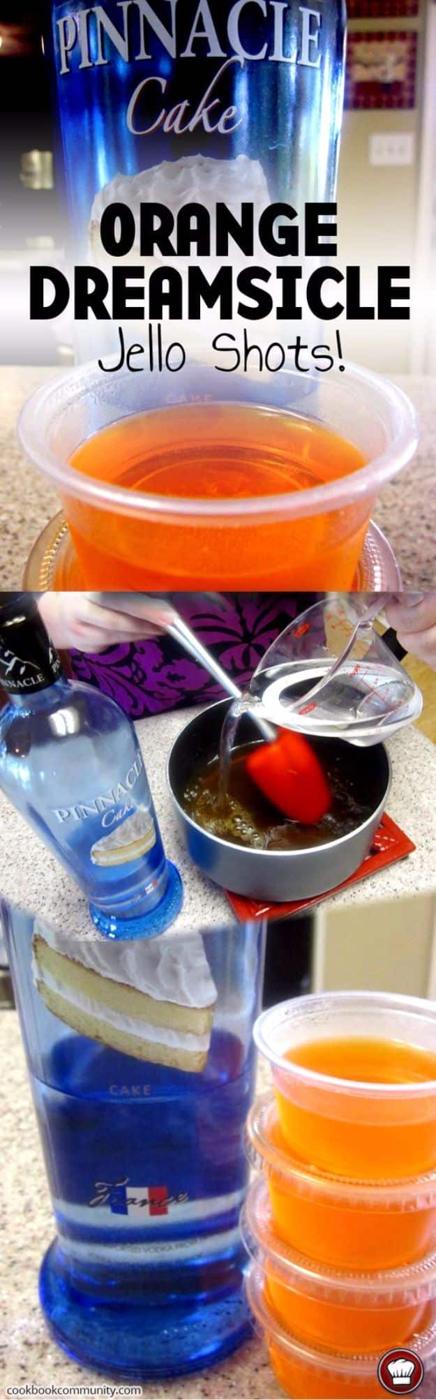 Orange dreamsicle jello shots in small clear cups, a single orange layer topped with piped whipped cream
