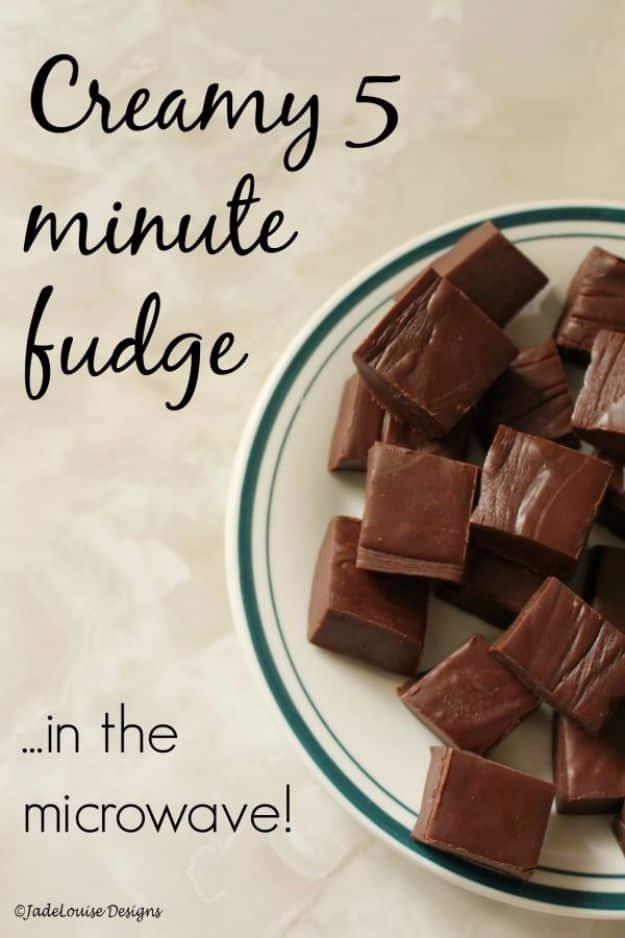 Creamy chocolate fudge squares made in the microwave, an easy five minute no thermometer fudge recipe