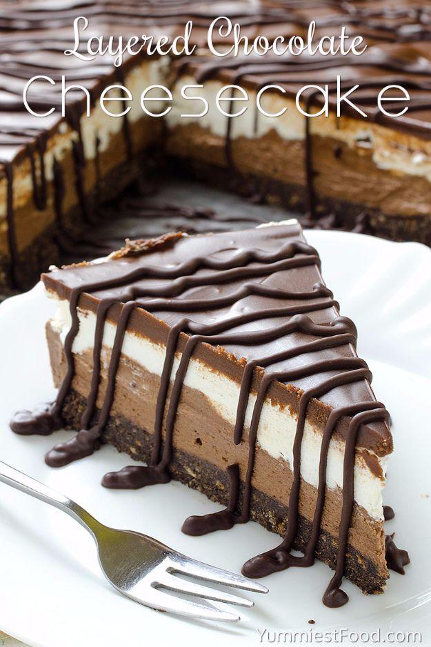 Typeset graphic titled Layered Chocolate Cheesecake, a dark over light slice on an Oreo crust with a chocolate drizzle