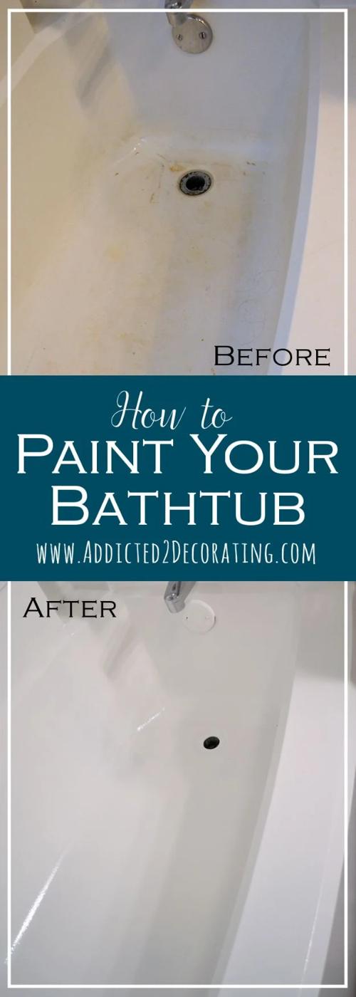 Paint a bathtub, a stained yellow tub with rust marks above the same tub bright glossy white after painting