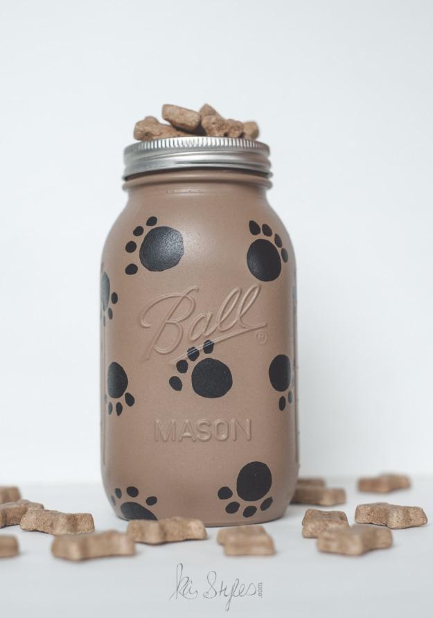 Paw Painted Dog Treat Mason Jar, a quick mason jar craft anyone can make and a pretty accent piece for a shelf or table