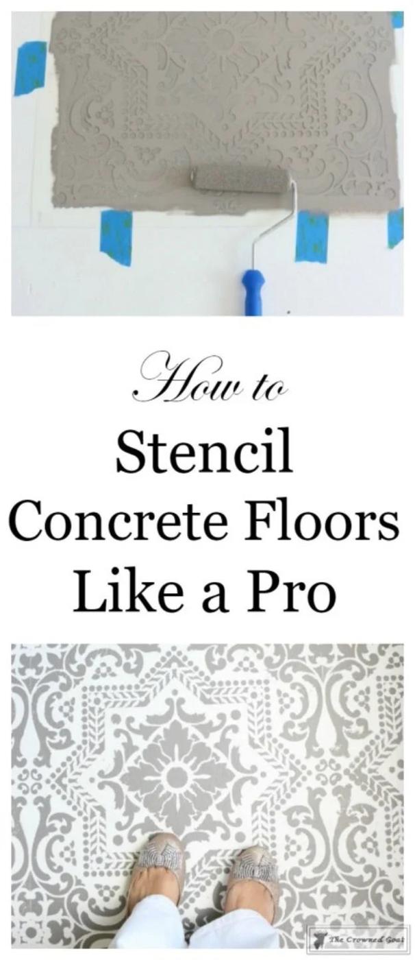Stenciled concrete floor, a gray Portuguese tile pattern being rolled through a stencil taped down over white paint