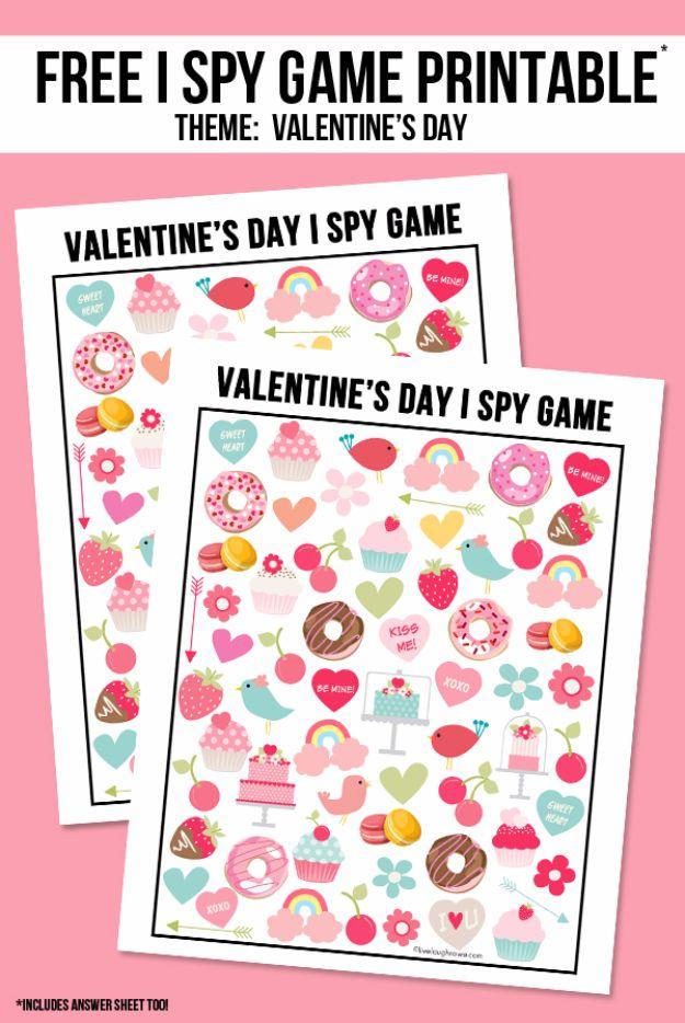 Valentine's Day I Spy printable game page covered in small hearts, cupcakes and rainbows waiting to be counted