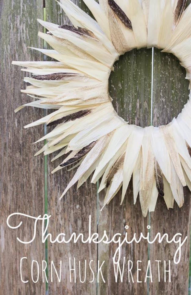Thanksgiving corn husk wreath made from dried tamale husks torn into strips and glued around a wreath form